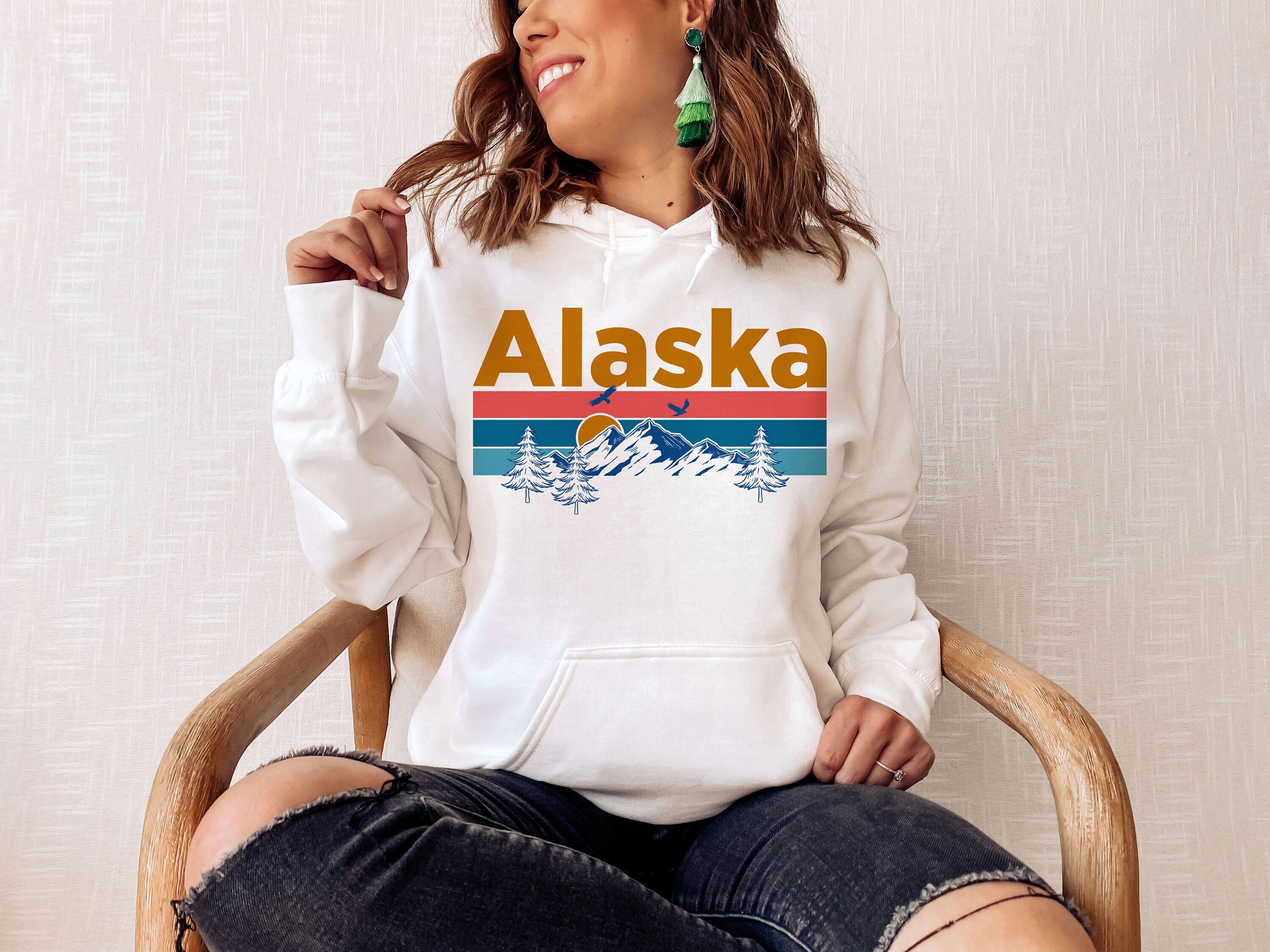 Alaska Hoodie, Retro Mountain Sun Unisex Alaska Hoodie Alaska Hoodie, Retro Mountain Sun Unisex Alaska Hoodie