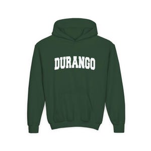 May include: A dark green hooded sweatshirt featuring the word "DURANGO" in white, block capital letters. The hoodie has a hood and a front pocket. The garment is made of a soft material.