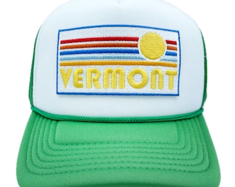 Premium Vermont Kid's Trucker Hat: Retro Sun Embroidered Patch Snapback