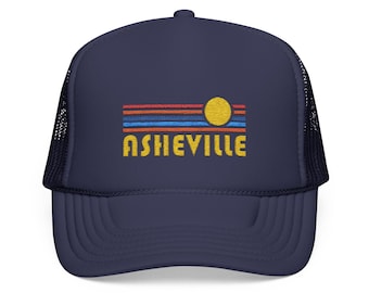 Boné Trucker de Espuma Bordada Asheville, Carolina do Norte - Pôr do Sol Retrô
