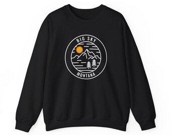 Sudadera Big Sky Montana: Unisex, cuello redondo, estampado de montaña.