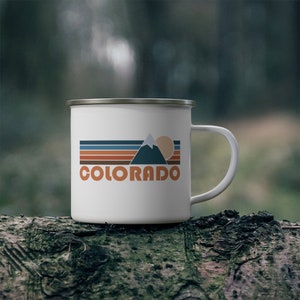 Colorado Camp Mug 12oz, Retro Mountain Enamel Campfire Colorado Mug