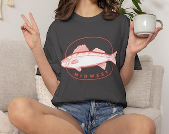 ミッドウェストグラフィックTシャツ、コンフォートカラーレトロユニセックスTシャツ