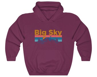 Sudadera con capucha unisex estilo retro de montaña, sol y cielo grande.