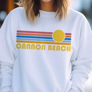 Cannon Beach, Oregon Crewneck Sweatshirt, Retro Sunrise Unisex Cannon Beach Sweatshirt - Personalization Available