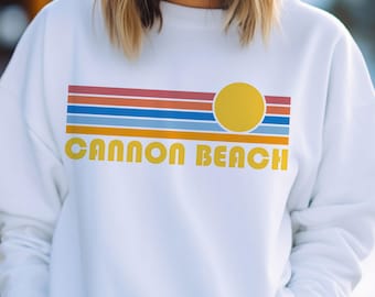 Cannon Beach Oregon Sweatshirt: Retro Sunrise Unisex Crewneck