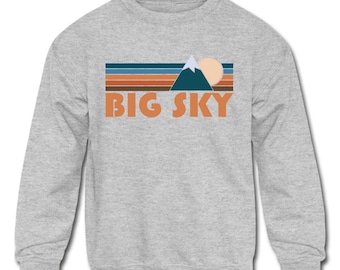 Sudadera juvenil Big Sky Montana, estilo retro de montaña con cuello redondo para niños, regalo de Big Sky, estilo vintage, personalización disponible.