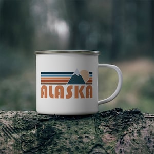 Alaska Camp Mug 12oz, Retro Mountain Enamel Campfire Alaska Mug - Personalization Available