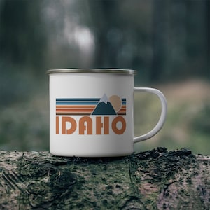 Idaho Camp Mug 12oz, Retro Mountain Enamel Campfire Idaho Mug - Personalization Available