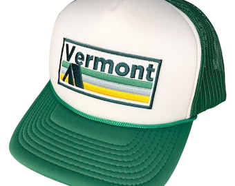 Premium Vermont Trucker Hat: Retro Camping Embroidered Patch Snapback