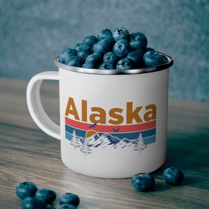 Alaska Camp Mug 12oz, Mountain Sunset Enamel Campfire Alaska Mug - Personalization Available