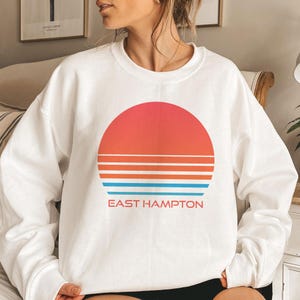 East Hampton, New York Sweatshirt, Unisex Retro 80s Sun Crewneck East Hampton Sweatshirt - Personalization Available