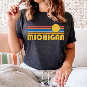Michigan Graphic Tee Retro Sunset, Adult Unisex Michigan T Shirt - Personalization Available