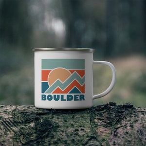 Boulder, Colorado Camp Mug, Retro Enamel Campfire Boulder Mug - Personalization Available