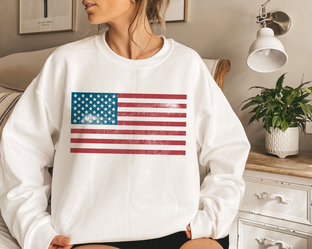 USA American Flag Sweatshirt, Adult Unisex Distressed USA Sweatshirt ...
