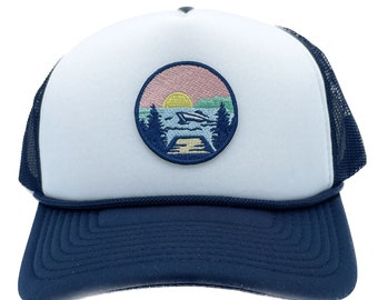 Lake Design Trucker Hat: Embroidered Sunset Lake Boating Cap