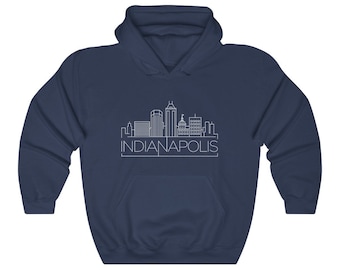 Könnte beinhalten: Marineblauer Kapuzenpullover mit einer weißen Umrandung der Skyline von Indianapolis und dem Text "INDIANAPOLIS" darunter.