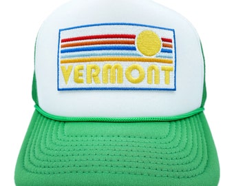 Vermont Trucker Hat: Retro Sun Embroidered Snapback
