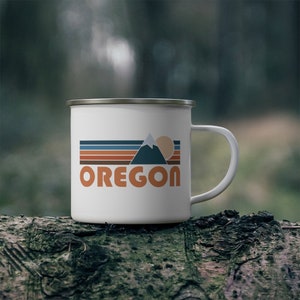 Oregon Camp Mug 12oz, Retro Mountain Enamel Campfire Oregon Mug