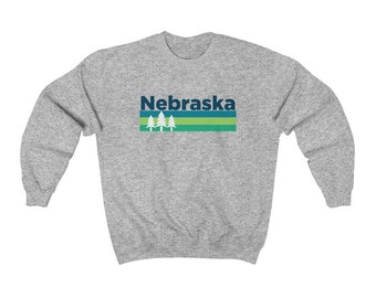 Nebraska Sweatshirt, Retro Trees Adult Unisex Crewneck Nebraska Sweatshirt