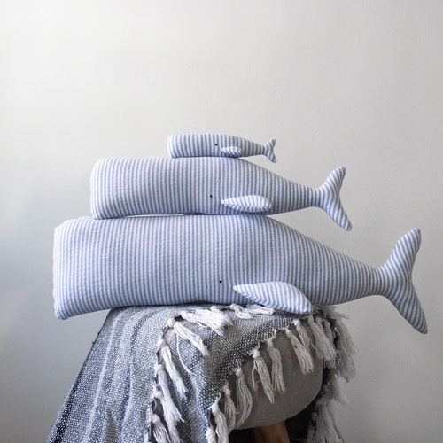 Striped Blue Whale Stuffed Toy, Stuffed Nautical Animal Toy, Gender Neutral Whale Toy Baby Shower Gift, First Christmas Baby Gift