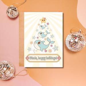 2024 Divertente biglietto di Natale "Balena, Buone Feste" da scaricare - Biglietto PNG stampabile, divertente biglietto di Natale per le vacanze di Natale con vibrazioni retrò rosa