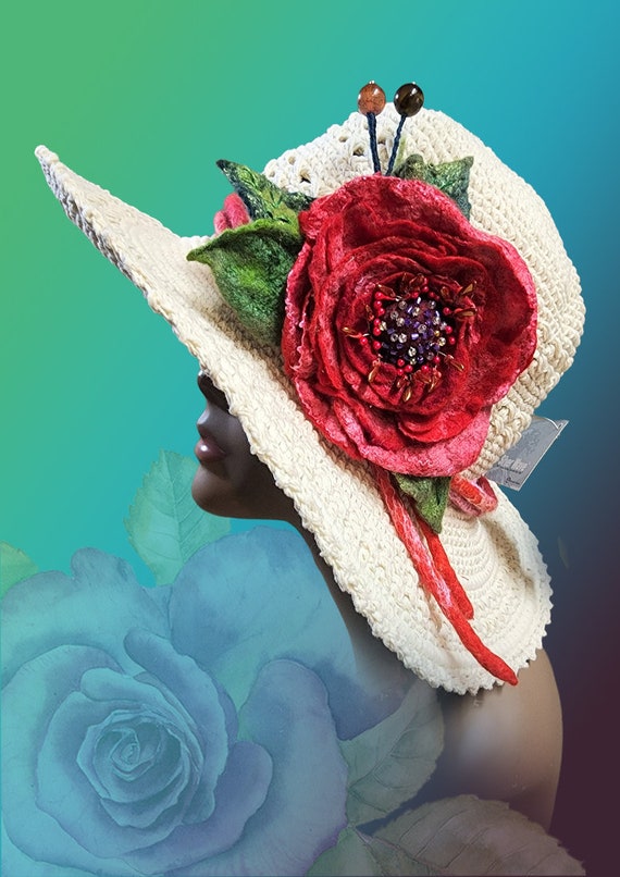 Crochet Sun Hat: Kentucky Derby Style, Felted Red Rose  display picture 1