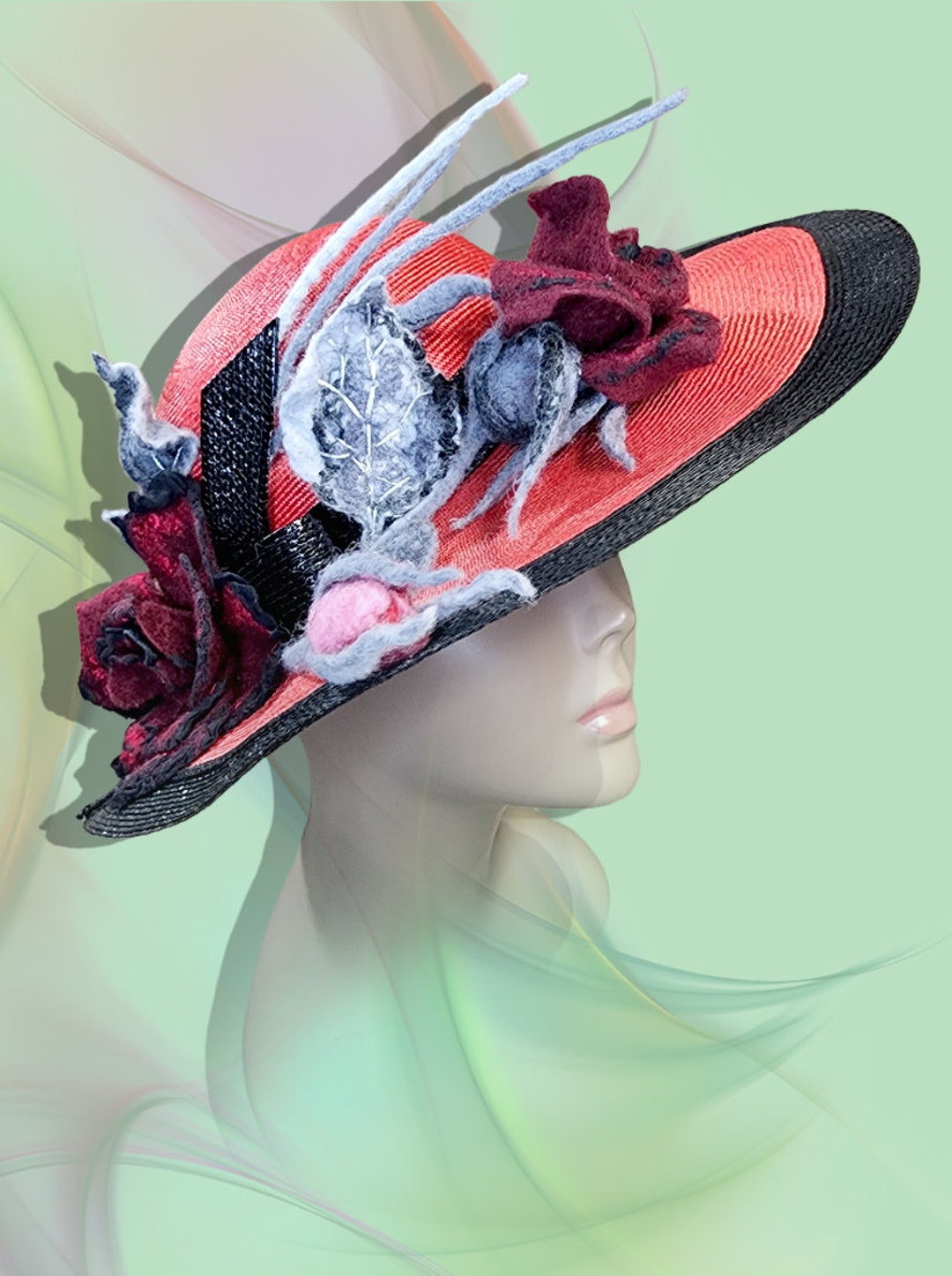 Vintage TOM HUNN Studio DERBY Hat Art Felted Wool Rose Branch