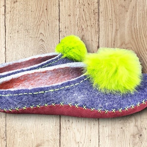 SLIPPERS Wool Felted Leather Suede Sole Hand Made Feet Warming Home Shoes Sz 8