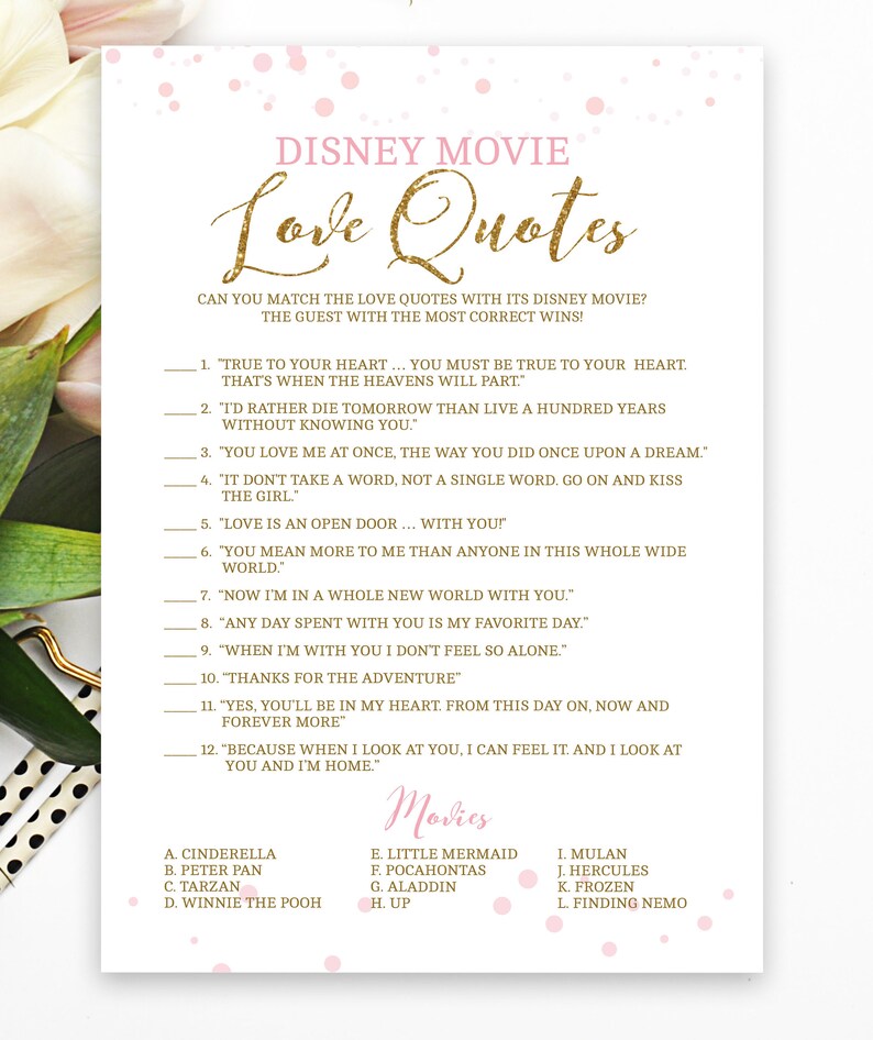 Disney Love Quotes Bridal Shower Game Pink And Gold Bridal Etsy