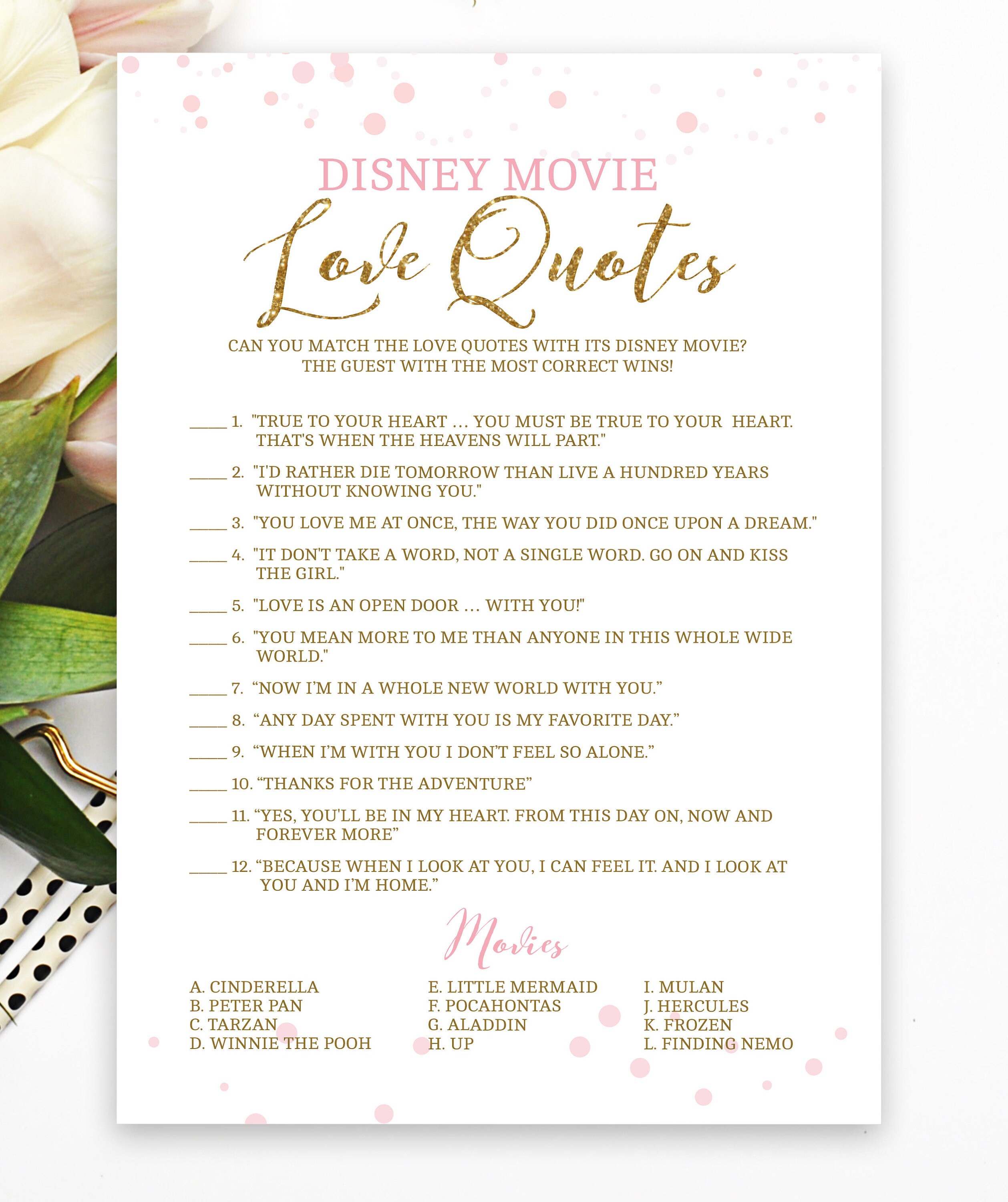 Disney Love Quotes Bridal Shower Game Pink And Gold Bridal Etsy