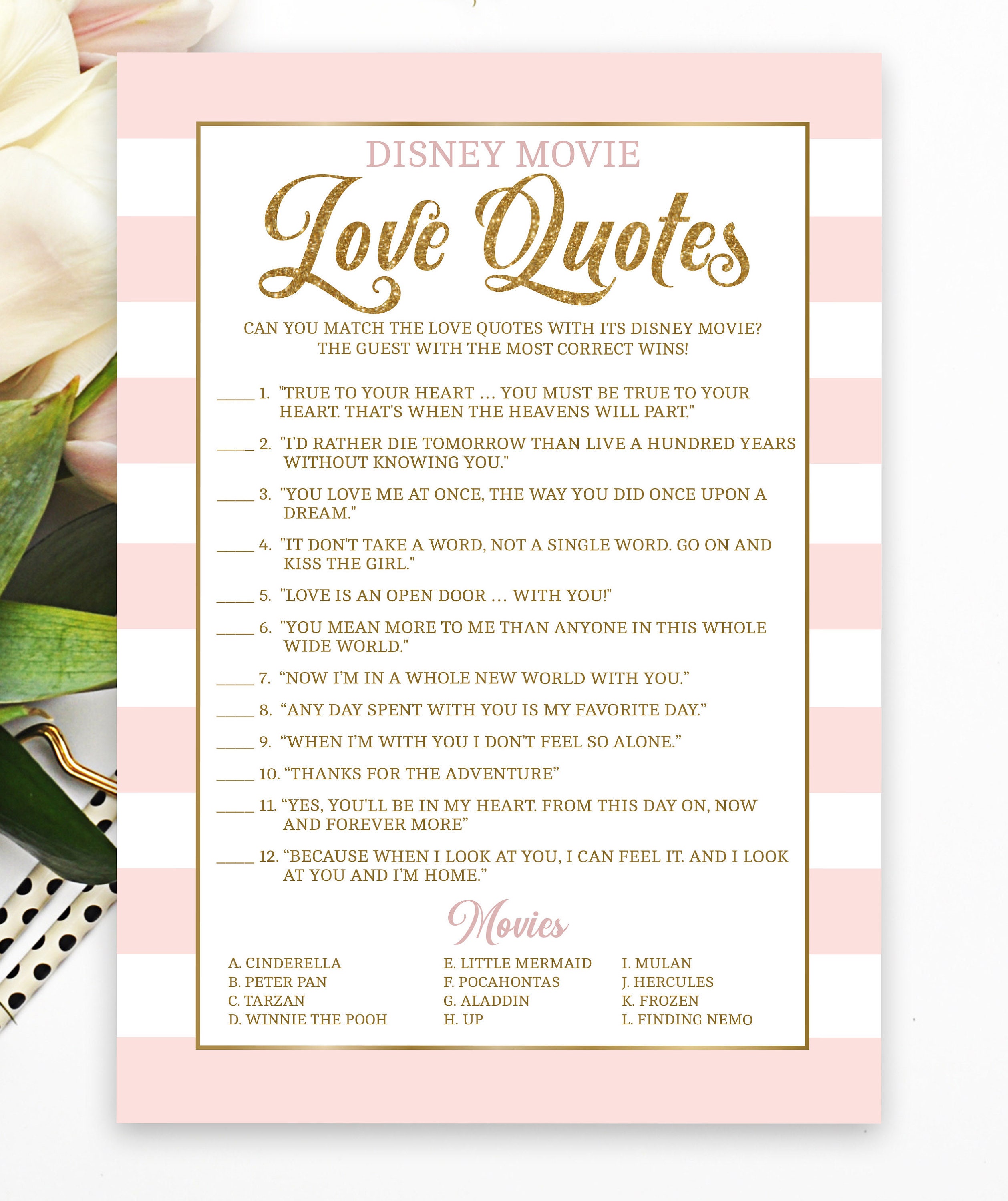 Disney Love Quotes Bridal Shower Game Pink And Gold Bridal Etsy