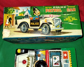 Vintage 1950s Tin Police Car Toy - Battery Operated, Siren