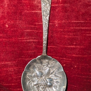 May include: A silver-toned metal spoon featuring an intricate embossed floral pattern along the handle and a detailed relief design of assorted fruits, including grapes and leaves, centred within the circular bowl of the spoon.