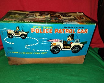 Vintage 1950s Tin Police Car Toy - Battery Operated, Siren
