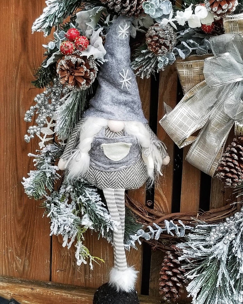 Gnome Christmas Wreath For Front Door Large Silver and White Etsy