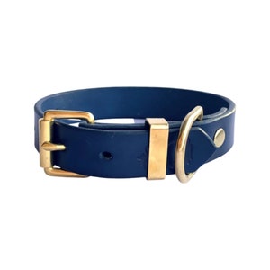 Handmade royal blue leather dog collar, veg tan leather, solid brass hardware