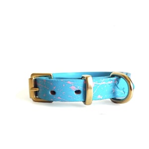 Blue and pink splatter leather dog collar, handmade dog collar, colourful leather dog collar, splatter effect