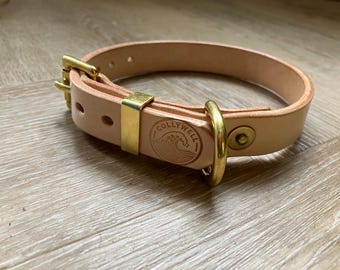 Handmade Leather Dog Collar: Natural Veg Tan with Solid Brass