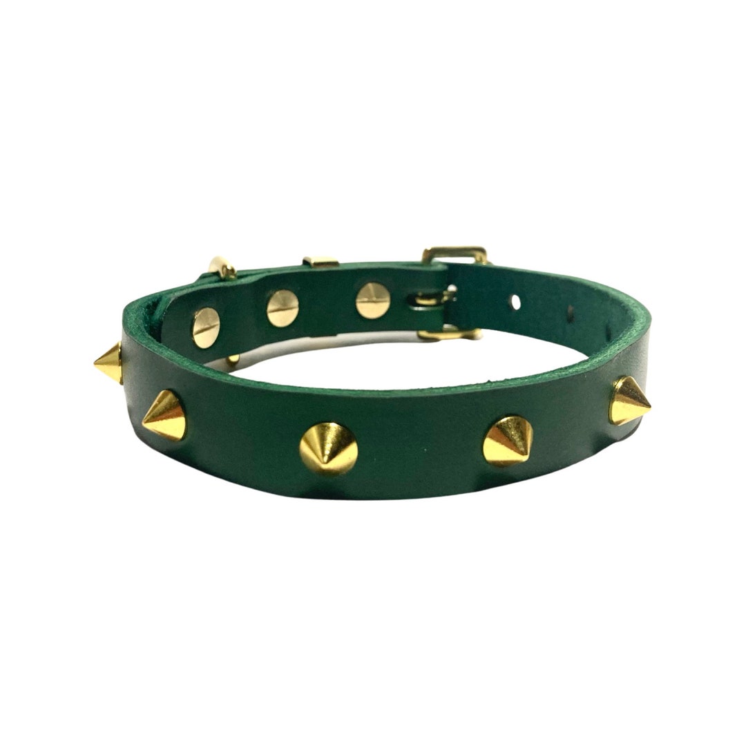 Green Leather Dog Collar With Gold Spikes Veg Tan Leather Etsy