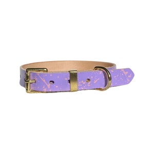 Leather dog collar | Lilac and pink splatter | Handmade | Hand painted | Solid brass fittings | Free UK shipping