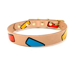 Leather dog collar, yellow blue and orange hand painted colour block dog collar, handmade collar, colourful dog collar, pet collar