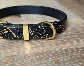 Handmade Leather Dog Collar: Black & Gold Splatter, Solid Brass Hardware