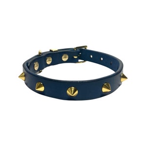 Blue leather dog collar with gold spikes | handmade in the U.K. | veg tan leather | solid brass fittings | matching leash available