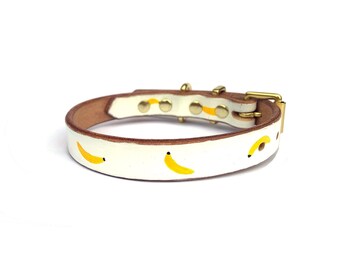 Handmade Leather Dog Collar: White with Banana Pattern, Solid Brass