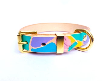 Handmade Leather Dog Collar: Colorful 70s Retro Design, Solid Brass