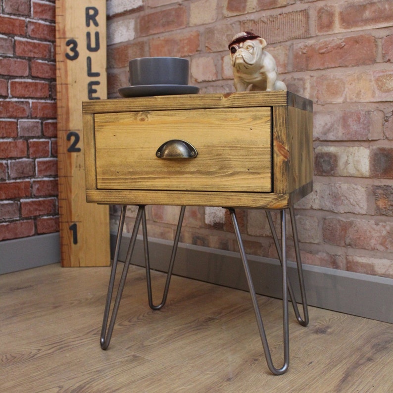 Rustic Industrial Bedside Table With Drawer Hairpin Legs