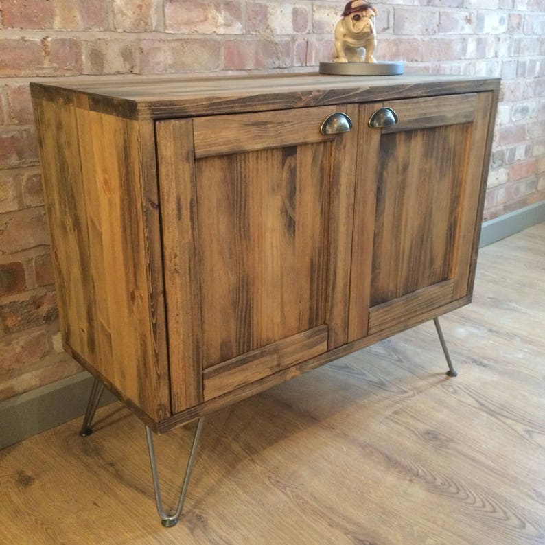 INDUSTRIAL BEDSIDE TABLE VINTAGE RUSTIC HANDMADE RECLAIMED PINE HAIRPIN LEGS