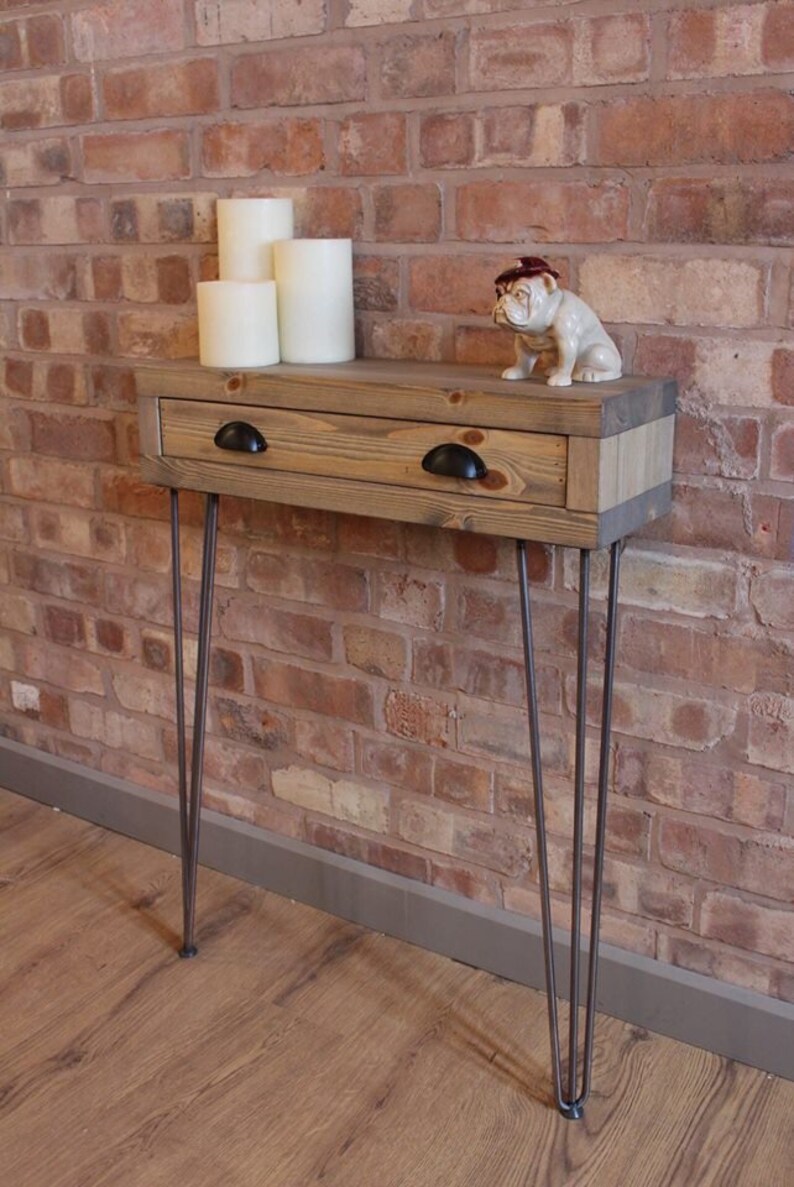 Narrow Industrial Reclaimed Style Console Table, Hall Table, Radiator Shelf Table with Drawer - Hairpin Legs 0041 