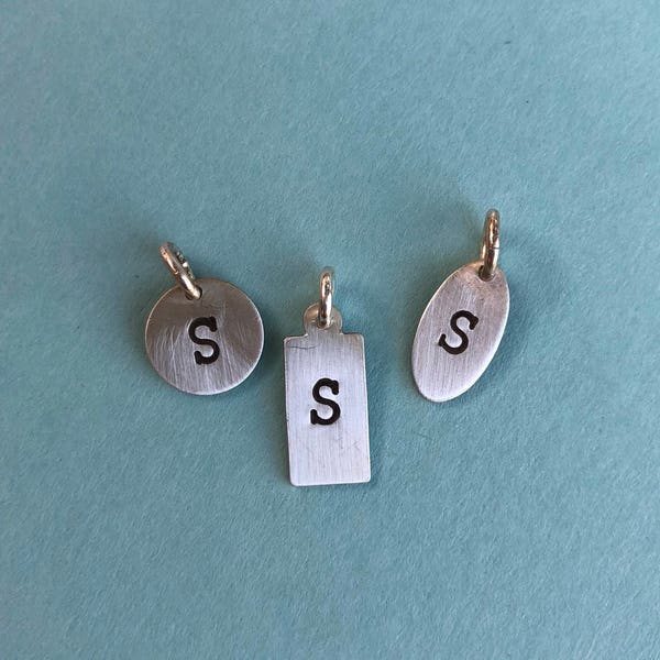 Petite typewriter initial "S", stamped jewelry, charm necklace, Monogram, children, mother, family,